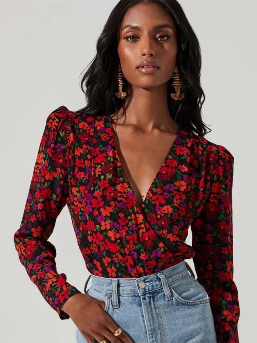ASTR Bartlett Red Floral Wrap V-Neck Long Sleeve Bodysuit